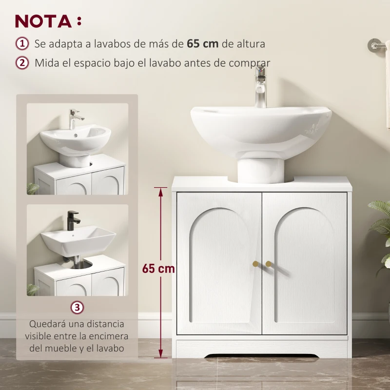 HOMCOM Mueble bajo Lavabo con 2 Puertas con Diseño de Arco Estante Ajustable Tiradores Dorados 60x30x65 cm Blanco