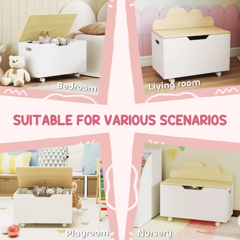 AIYAPLAY Toy Box with Lid, Toy Chest with Wheels and Safety Hinges, Toddler Storage Organiser for Playroom, Bedroom, White