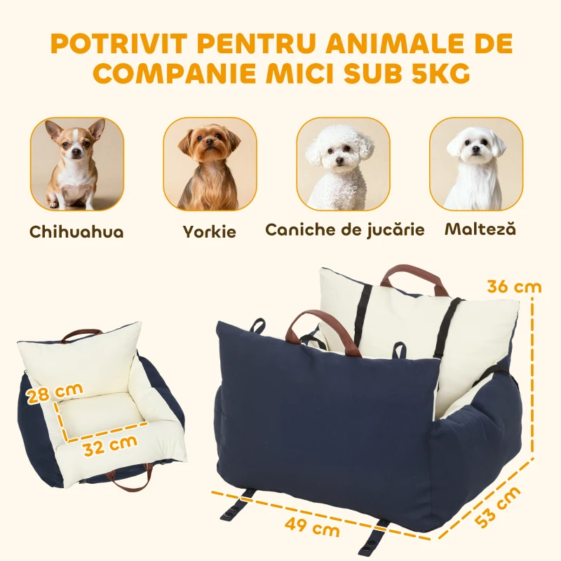 PawHut Scaun Auto pentru Câini, Scaun Confortabil pentru Călătorii pentru Câini Mici Sub 5 KG, Pat Portabil de Călătorie cu Curele de Siguranță, Bleumarin