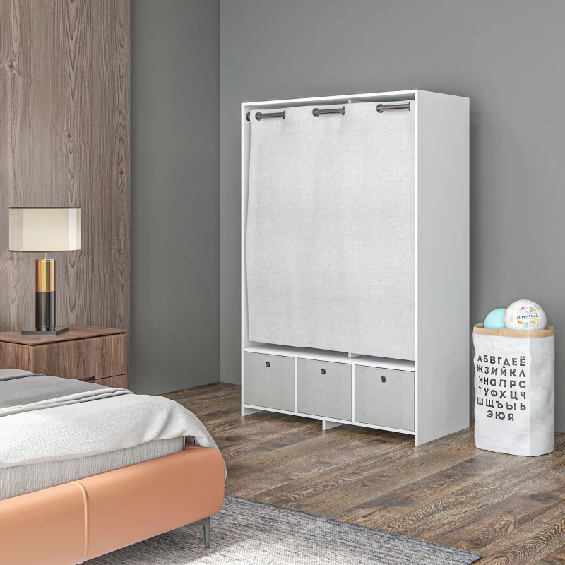HOMCOM Armoire penderie armoire de rangement avec tringle rideaux 3 tiroirs en tissu amovibles 105 x 48 x 160 cm blanc