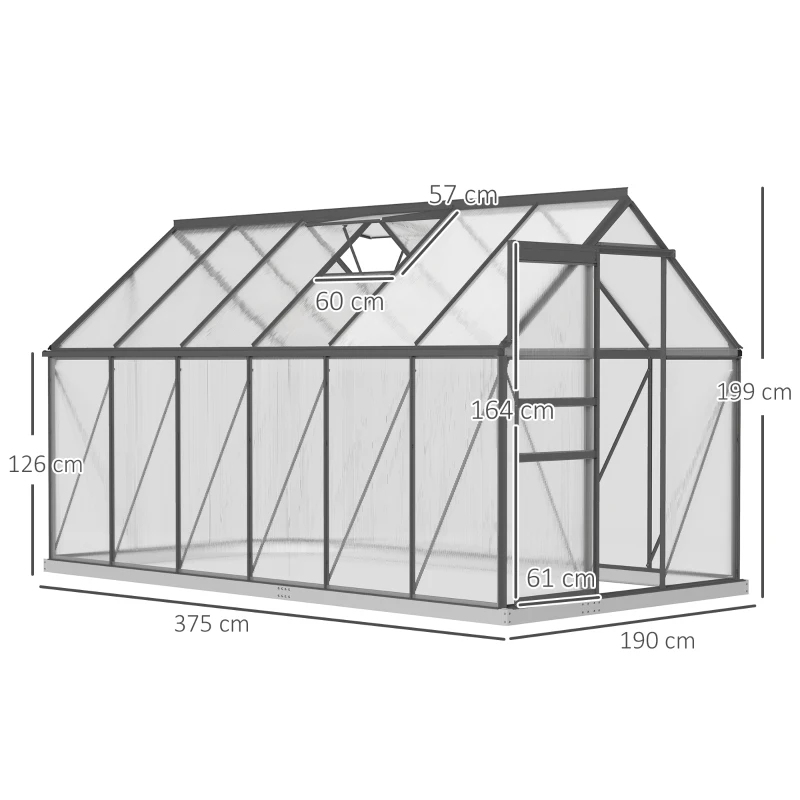 Outsunny Serre de jardin en aluminium polycarbonate avec fondation, serre avec fenêtre réglable porte coulissante 190x375x199cm