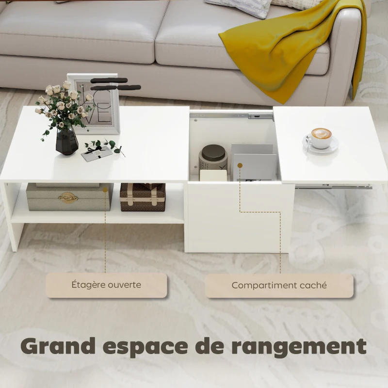 HOMCOM Table basse rectangulaire, table d'appoint plateau coulissant, rangement caché, étagère ouverte, 110 x 52 x 36 cm, blanc