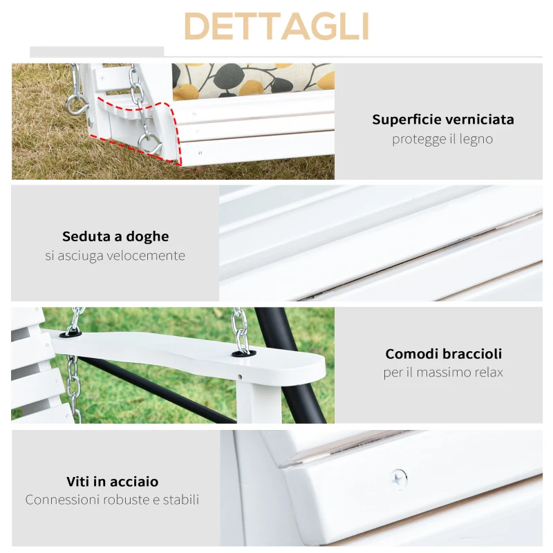 Outsunny Dondolo 3 Posti da Esterno con Tavolino Centrale e Portabicchieri, in Legno e Metallo, 150x75x53 cm, Bianco