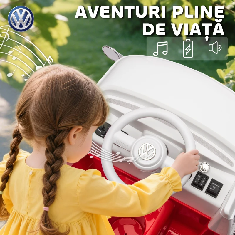 AIYAPLAY Mașinuță Electrică pentru Copii Licență Volkswagen T1 cu MP3 Player, din Metal și PP, 89x49x41.5 cm, Roșu