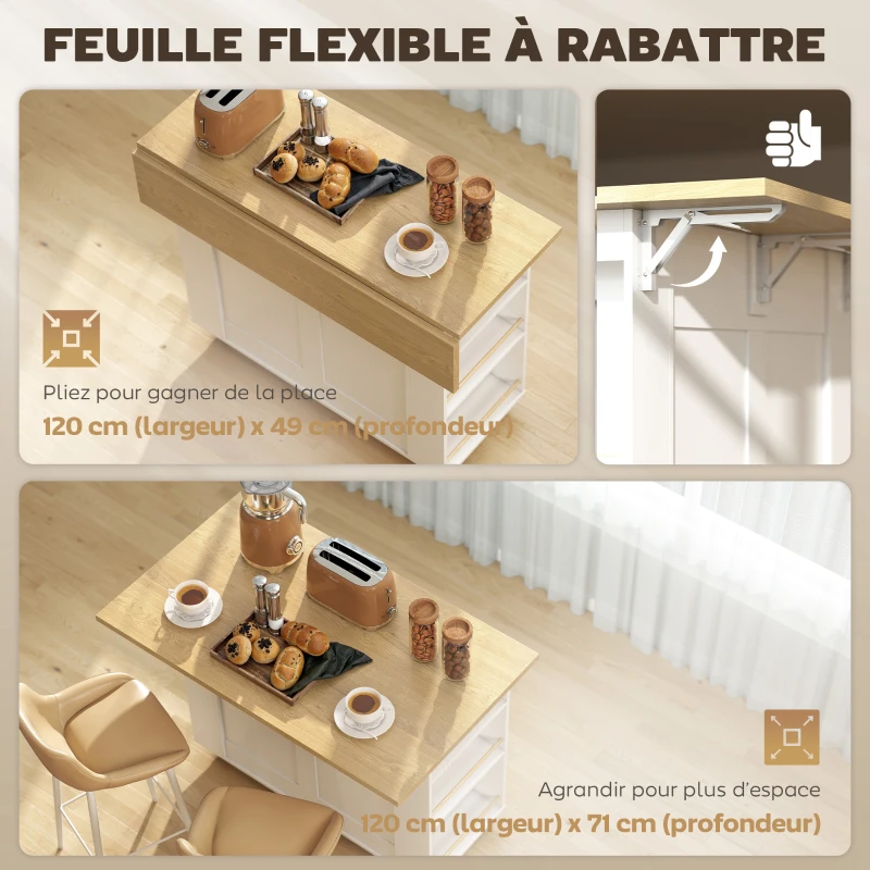 HOMCOM Îlot de Cuisine avec Station de Charge, Chariot de Cuisine à Roulettes avec Plan de Travail Rabattable, 2 Tiroirs, Blanc