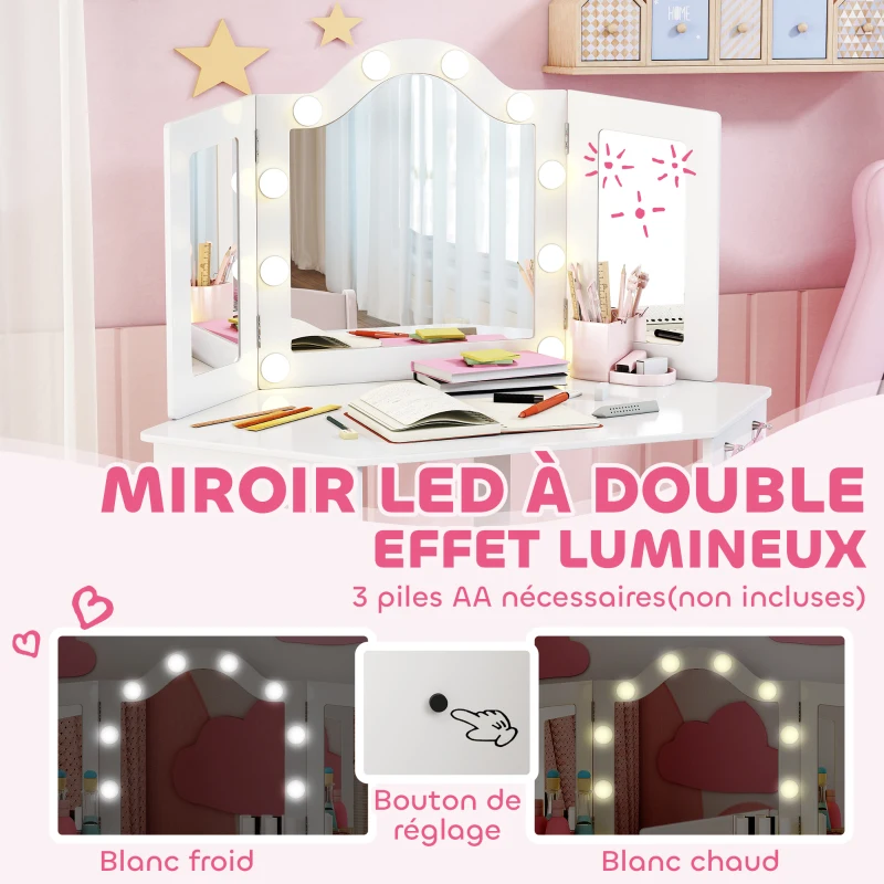 AIYAPLAY Coiffeuse enfant 2 en 1 avec tabouret miroir triptyque et lumières LED bicolores  93,6 x 48,5 x 111,5 cm blanc