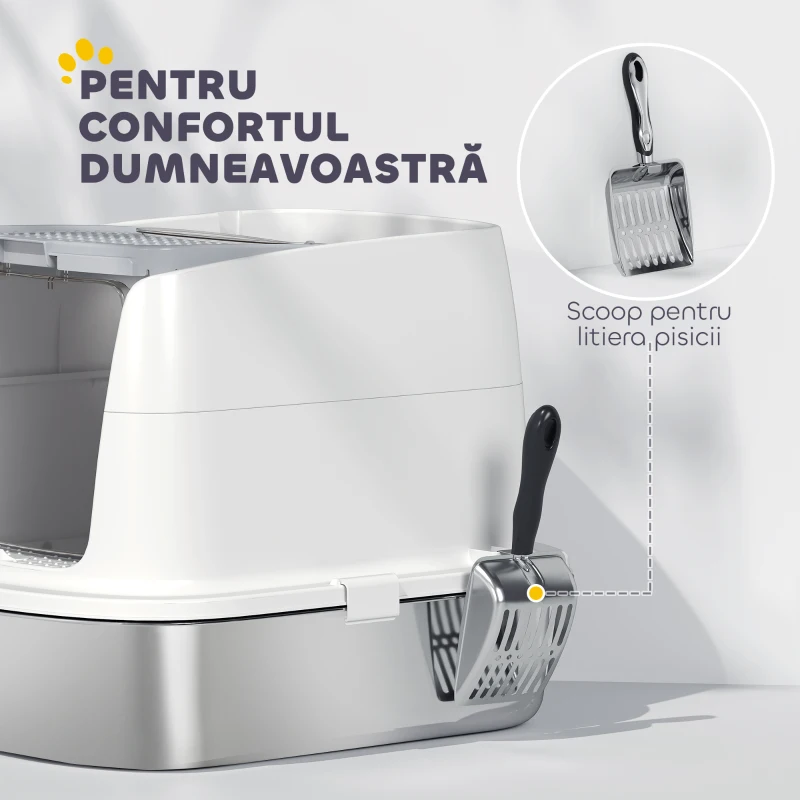 PawHut Litieră pentru pisici cu 2 intrări, deodorant și lopățică, Alb