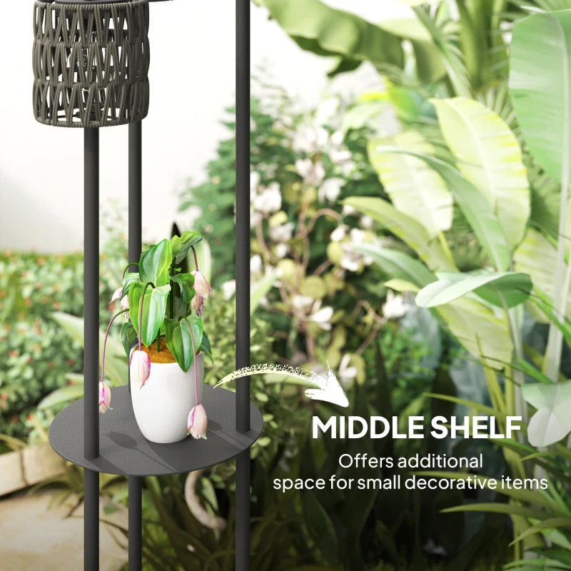 Outsunny Boho Rattan Floor Lamp, 3-Lights Rattan Lamp with Shelf, Freestanding Solar Garden Light with Auto On/Off Lights, Grey