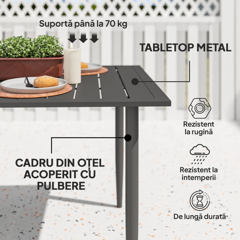 Outsunny Masă de Grădină Dreptunghiulară 150x90x73 cm, Masă de Dining pentru 6 Persoane cu Design cu Lamele și Gaură pentru Umbrelă din Oțel, Pentru Terasă, Balcon și Exterior, Negru