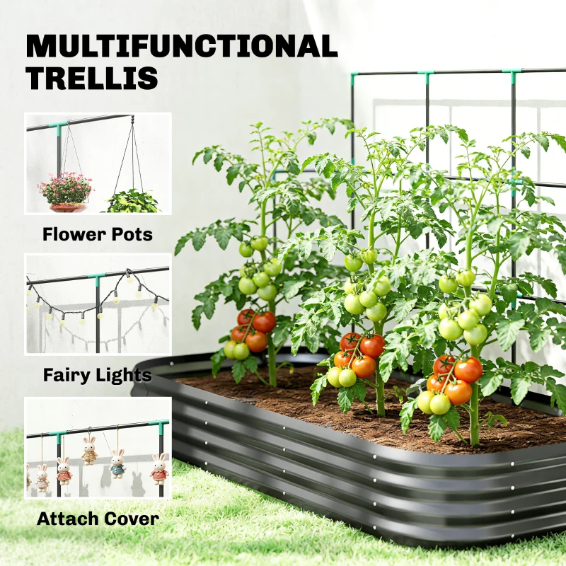 Outsunny Podwyższona grządka z kratką, metalowa donica z ochronnymi krawędziami i rękawiczkami 220 x 110 x 150 cm, ciemnoszara