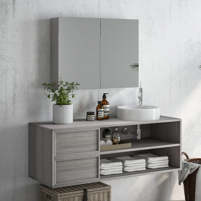 HOMCOM Armoire murale salle de bain avec miroir, meuble salle de bain, double portes et étagères réglables, 80x15x60cm, gris