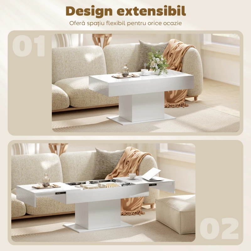 HOMCOM Măsuță de Cafea Extensibilă cu Compartiment Ascuns Modern, 108-178.5x53x49 cm, Alb Lucios