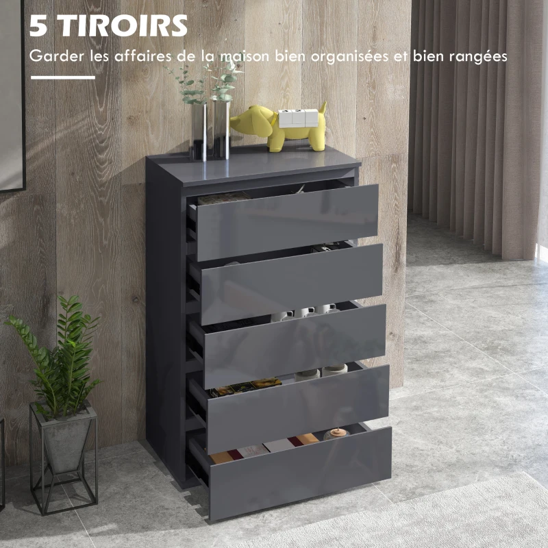 HOMCOM Commode 5 tiroirs sans poignées Moderne en Finition Laquée Grise - Grand Espace de Rangement