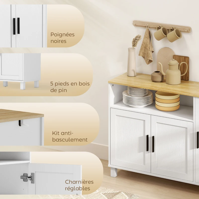HOMCOM Buffet, meuble de rangement avec 3 portes, compartiment ouvert et étagères réglables, 110 x 33 x 75 cm, blanc