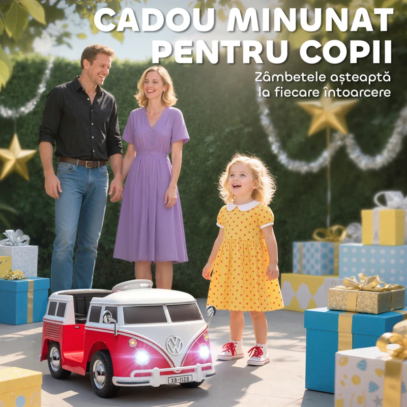 AIYAPLAY Mașinuță Electrică pentru Copii Licență Volkswagen T1 cu MP3 Player, din Metal și PP, 89x49x41.5 cm, Roșu