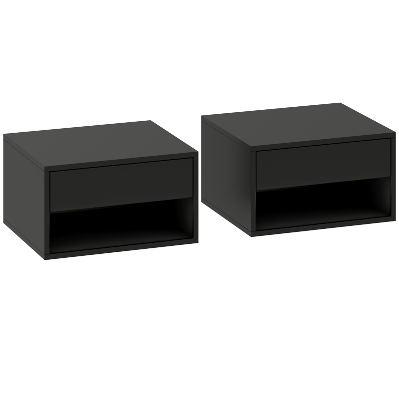 HOMCOM Lot de 2 tables de chevet murales, tables de nuit, tiroir, compartiment ouvert, plateau, 37 x 32 x 21 cm, noir