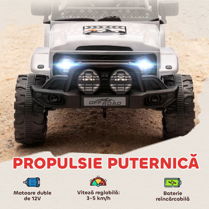 AIYAPLAY Off-road pentru Copii cu Faruri, Claxon, Centură și Telecomandă, în PP și Metal, 99x66x68.5 cm, Alb