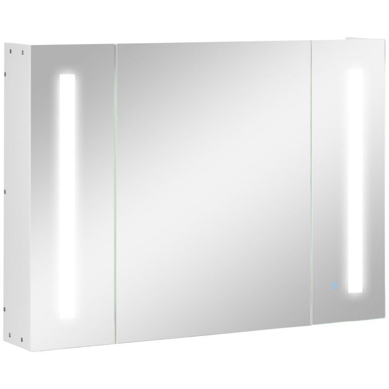 kleankin Armadietto Specchiera da Bagno con 3 Armadietti, 3 Ripiani e Luce LED, 90x15x65 cm, Bianco