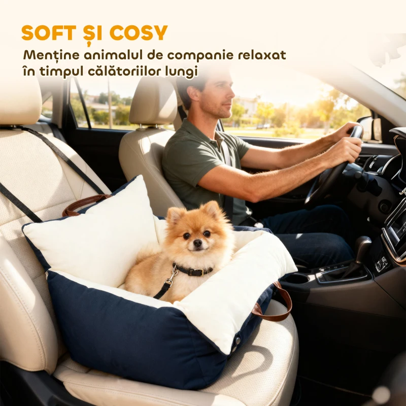 PawHut Scaun Auto pentru Câini, Scaun Confortabil pentru Călătorii pentru Câini Mici Sub 5 KG, Pat Portabil de Călătorie cu Curele de Siguranță, Bleumarin