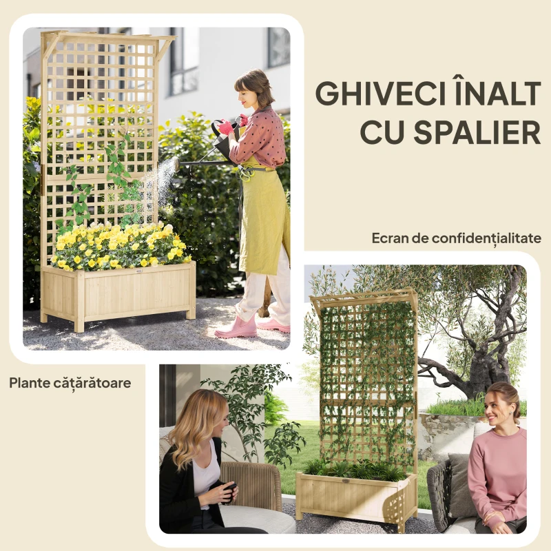 Outsunny Jardinieră cu Găuri de Drenaj, Ghiveci din Lemn cu Spalier pentru Plante Cățărătoare, pentru Cultivarea Legumelor, Florilor, Culoare Lemn Natural