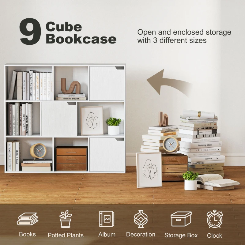 HOMCOM Bibliotecă cu Cuburi cu 6 Secțiuni Deschise și 3 Închise din Lemn Alb