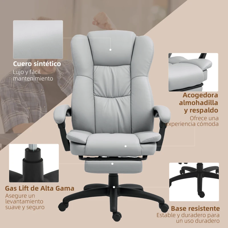 Vinsetto Silla de Oficina con 6 Puntos de Masaje Vibratorio con Altura Ajustable Respaldo Reclinable y Reposapiés Retráctil Gris