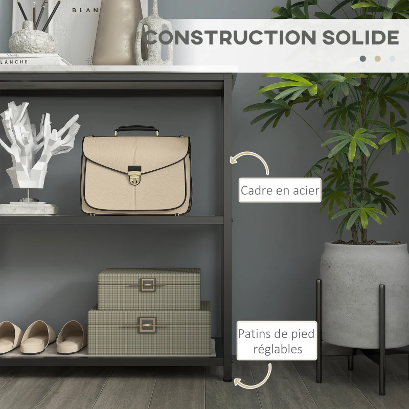 HOMCOM Console meuble 100 cm, table console 3 niveaux, plateaux en effet marbre, cadre en acier, blanc