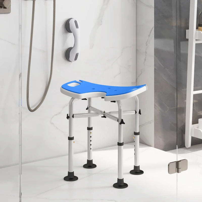 HOMCOM Tabouret de douche siège de douche hauteur ajustable 39-51,5 cm barre d'appui à ventouse patins à ventouse bleu foncé