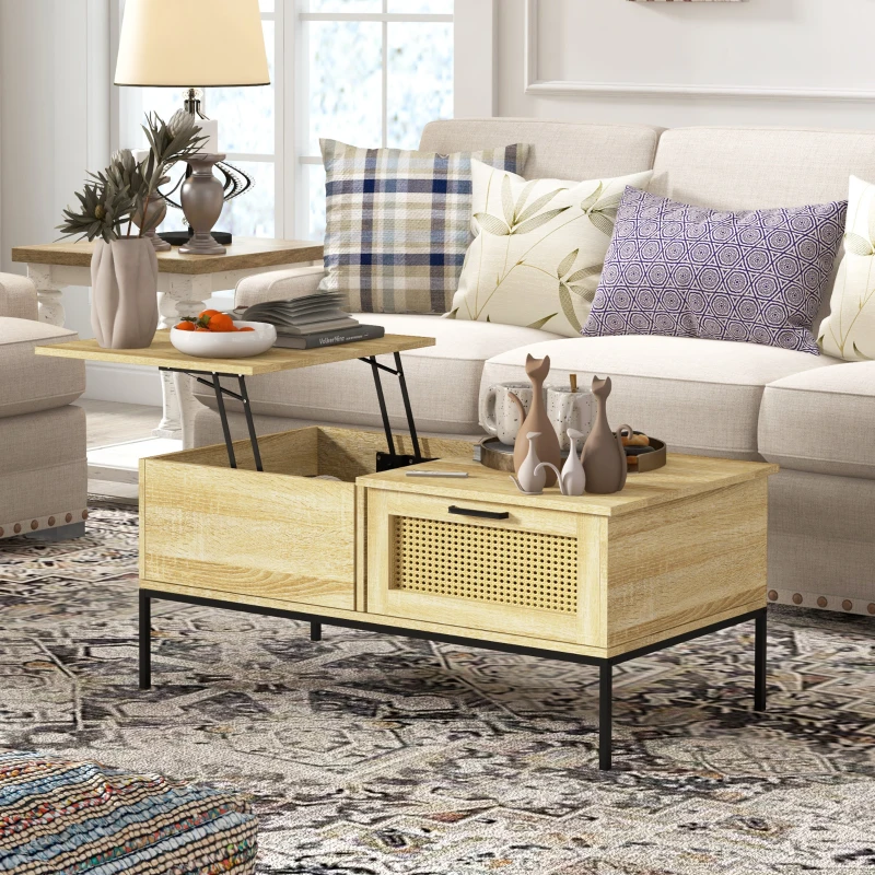 HOMCOM Table basse avec plateau relevable table de salon avec 2 grands tiroirs cadre en acier 106 x 56,3 x 48 cm naturel