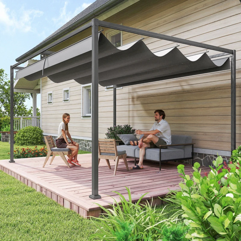 Outsunny Pergola Gazebo da Esterno 4x3 m con Tettuccio Retrattile in Metallo e Poliestere, Grigio Scuro