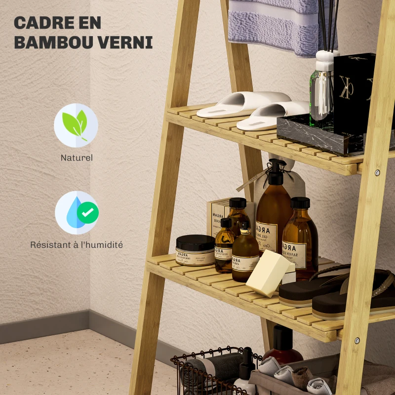 HOMCOM Étagère salle de bain en bambou pliable 3 niveaux étagère à échelle porte-serviettes 53,5x30x153cm effet bois naturel
