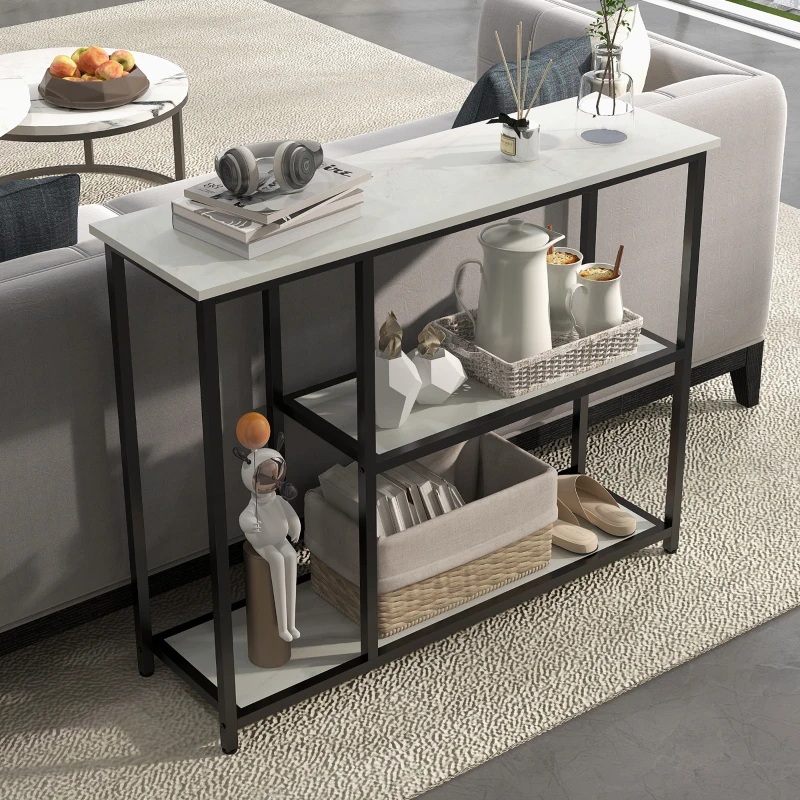 HOMCOM Console meuble 100 cm, table console 3 niveaux, plateaux en effet marbre, cadre en acier, blanc