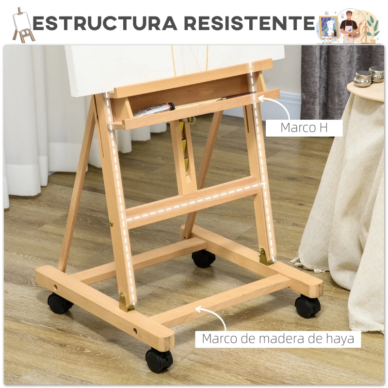 Vinsetto Caballete de Pintura Plegable de Madera 238 cm con Ruedas Altura Ajustable Bandeja Natural