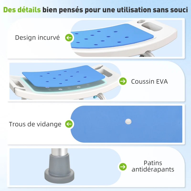 HOMCOM Siège de Douche réglable en Hauteur Tabouret de Douche Ergonomique Pieds antidérapants Charge Max. 135 Kg alu HDPE Blanc Bleu