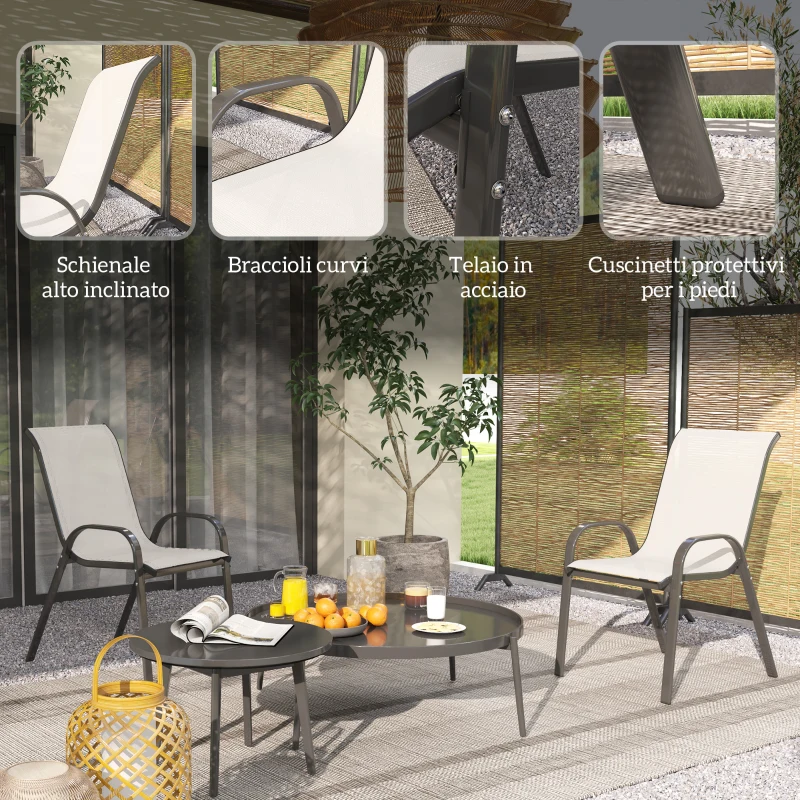 Outsunny Set 2 Sedie da Giardino Impilabili con Braccioli Curvi, in Acciaio e Tessuto Traspirante, 54x71x93 cm, Grigio Chiaro