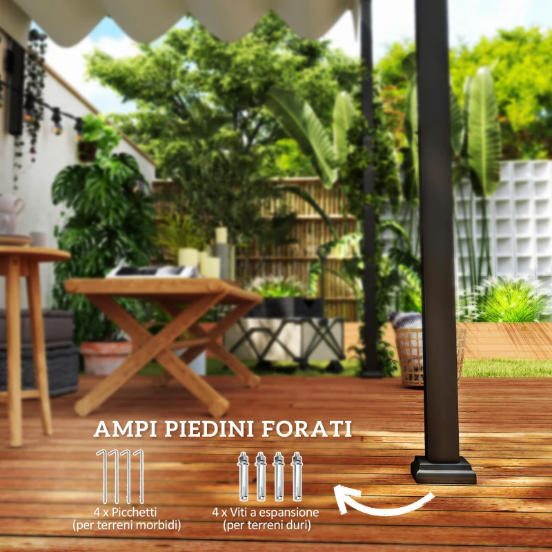 Outsunny Pergola Gazebo 3x2 m con Tettuccio Retrattile e Fori di Drenaggio in Acciaio e Poliestere, Crema