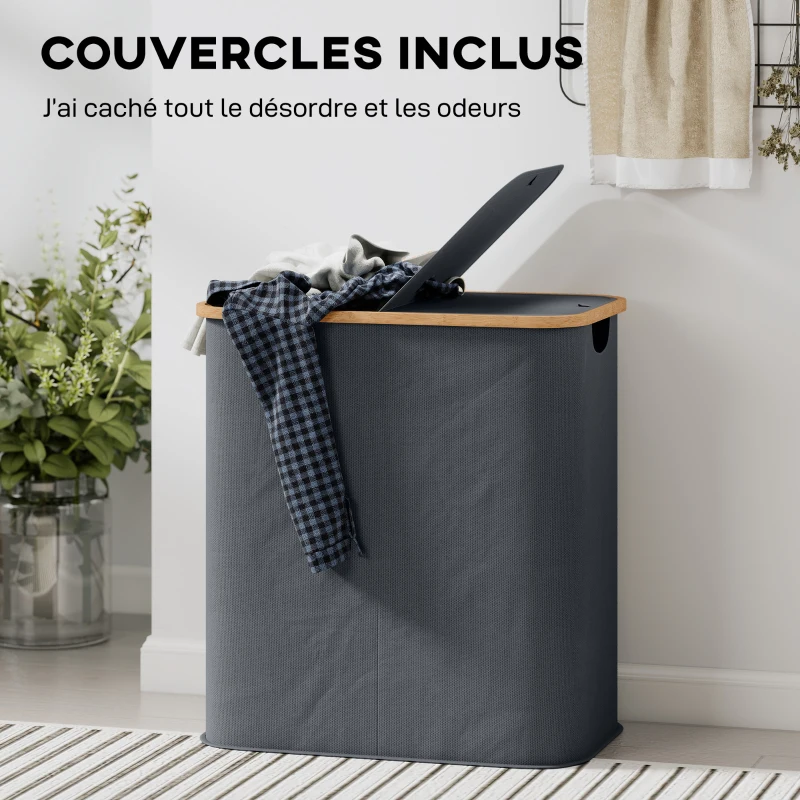 HOMCOM Panier à linge double pliable 80 L corbeille à linge sale avec couvercle, poignées rainurées, gris