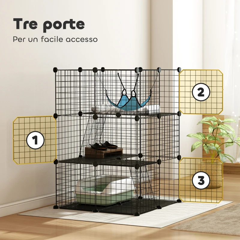 PawHut Gabbia per Gatti Recinto Personalizzabile 3 Livelli, 105cm, Nero
