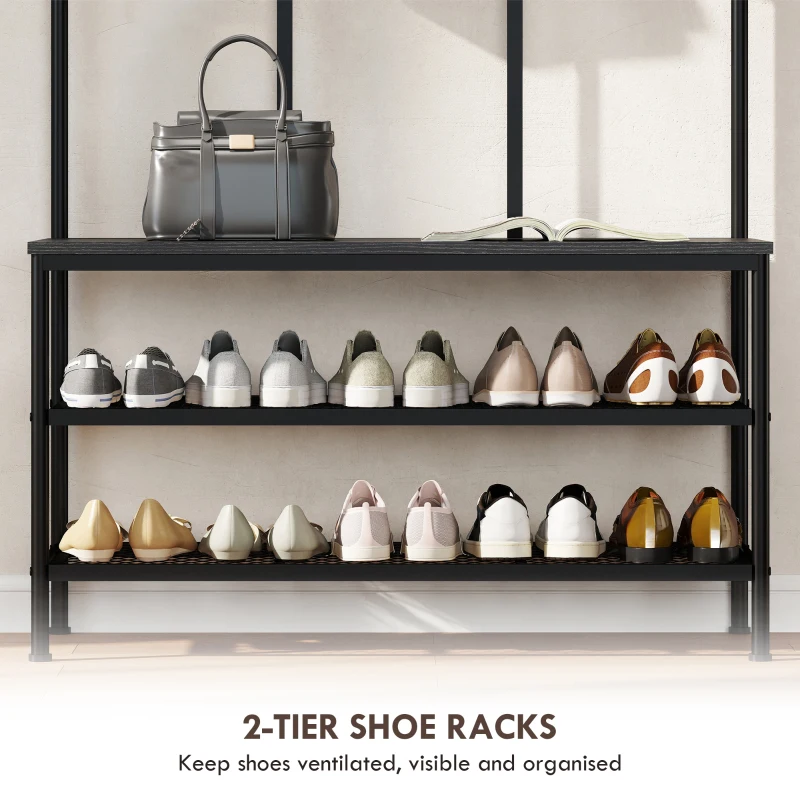 HOMCOM Wieszak na ubrania 3 w 1 z ławką i wieszakiem na buty, wolnostojący wieszak na ubrania z ławką na buty i 6 haczykami do przedpokoju, przedpokoju, salonu, czarny