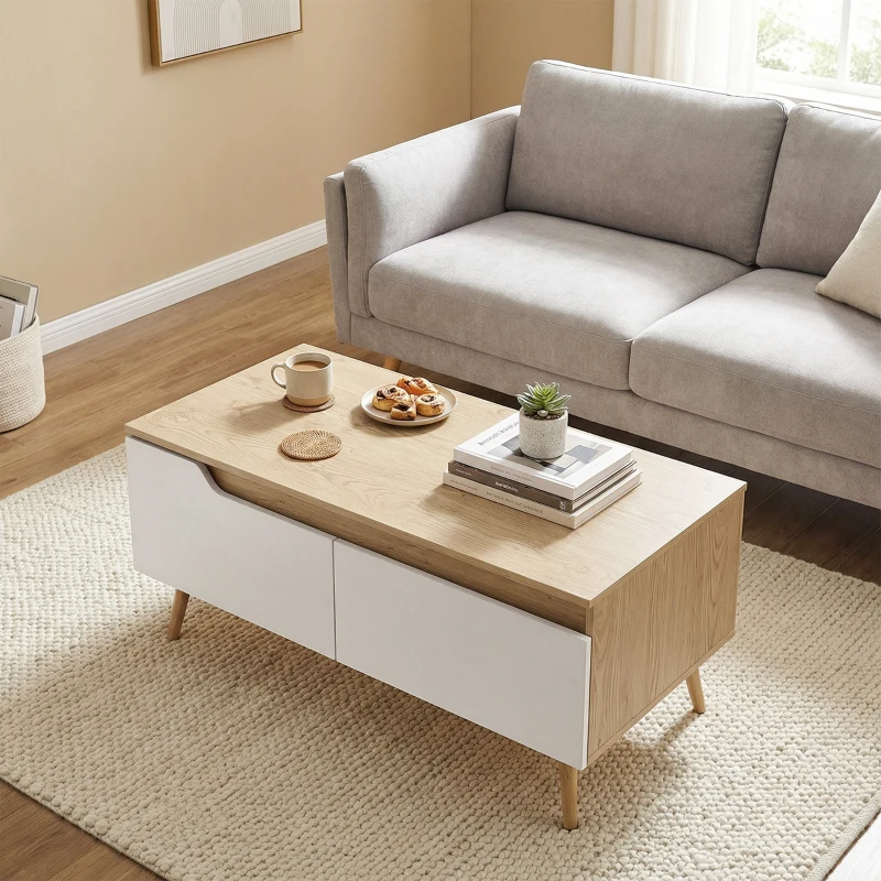 HOMCOM Mesa de Centro com 2 Gavetões e Pés de Madeira de Borracha 100x50x46 cm Carvalho