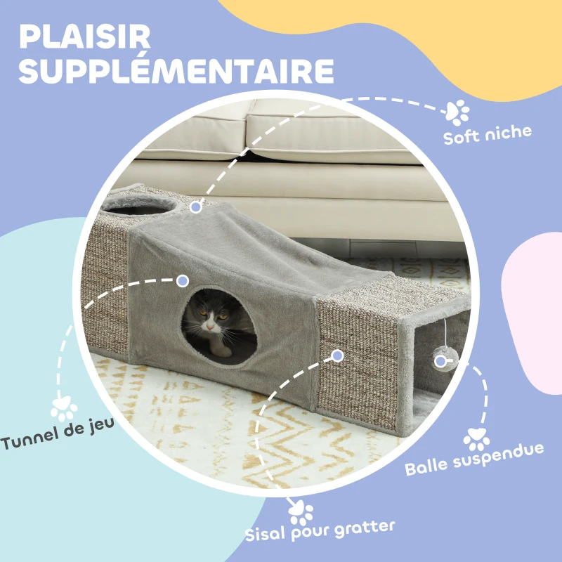 PawHut Tunnel pour chat intérieur jouets pour chats avec balle suspendue entrées multiples en sisal 98 x 30 x 30 cm gris