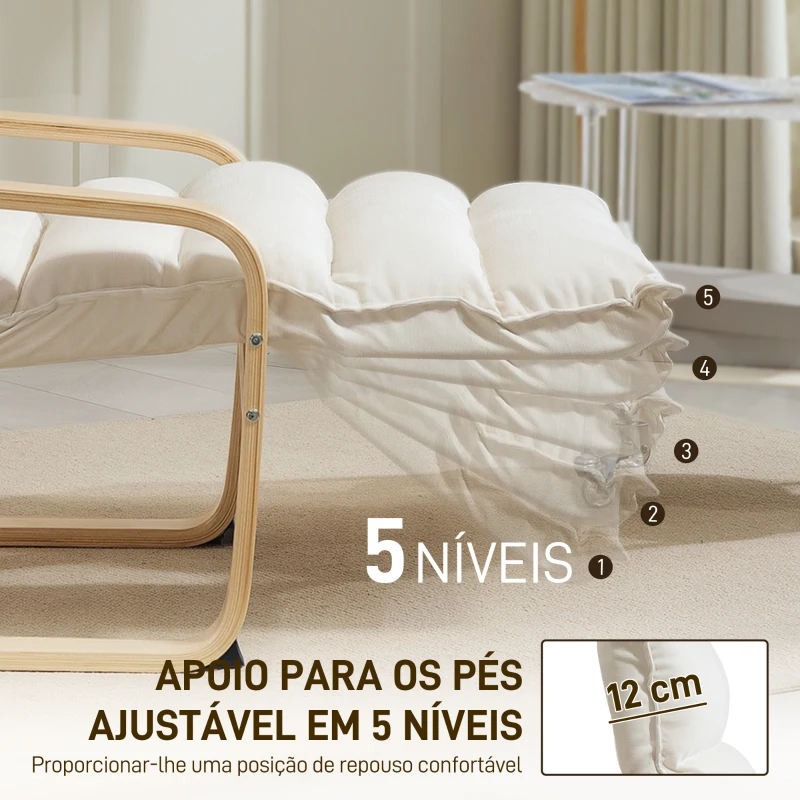 HOMCOM Poltrona de Sala com Apoio para os Pés Ajustável Estofada em Veludo com Estrutura de Madeira 67x93x105 cm Creme