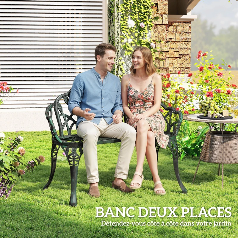 Outsunny Banc de jardin en aluminium moulé, banc extérieur 2 places avec dossier tulipe, assise florale, 99x57x78cm, vert antique