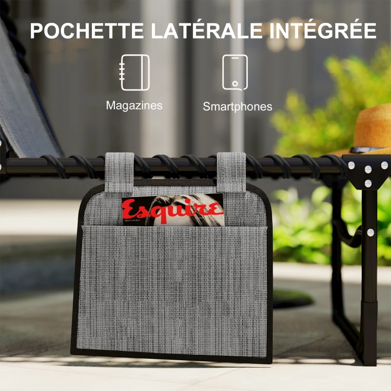 Outsunny Chaise longue pliable bain de soleil dossier inclinable 5 niveaux têtière amovible 189 x 58 x 30 cm gris