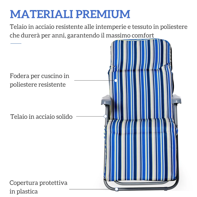 Outsunny Set 2 Sdraio Pieghevoli con Schienale Regolabile a 5 Livelli, in Acciaio e Poliestere, 60x75x102 cm, Blu e Crema