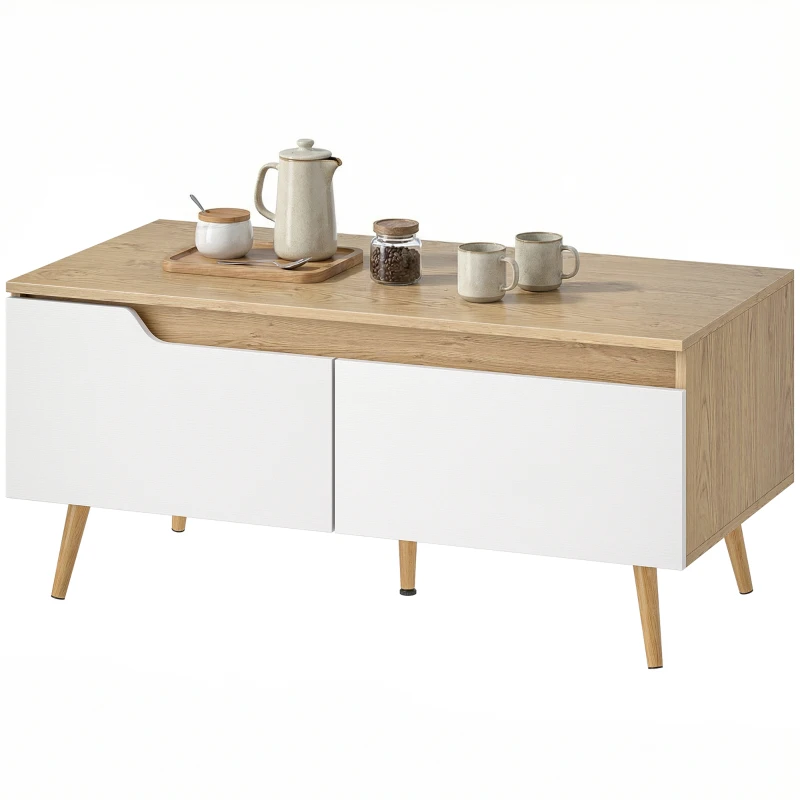 HOMCOM Mesa de Centro com 2 Gavetões e Pés de Madeira de Borracha 100x50x46 cm Carvalho