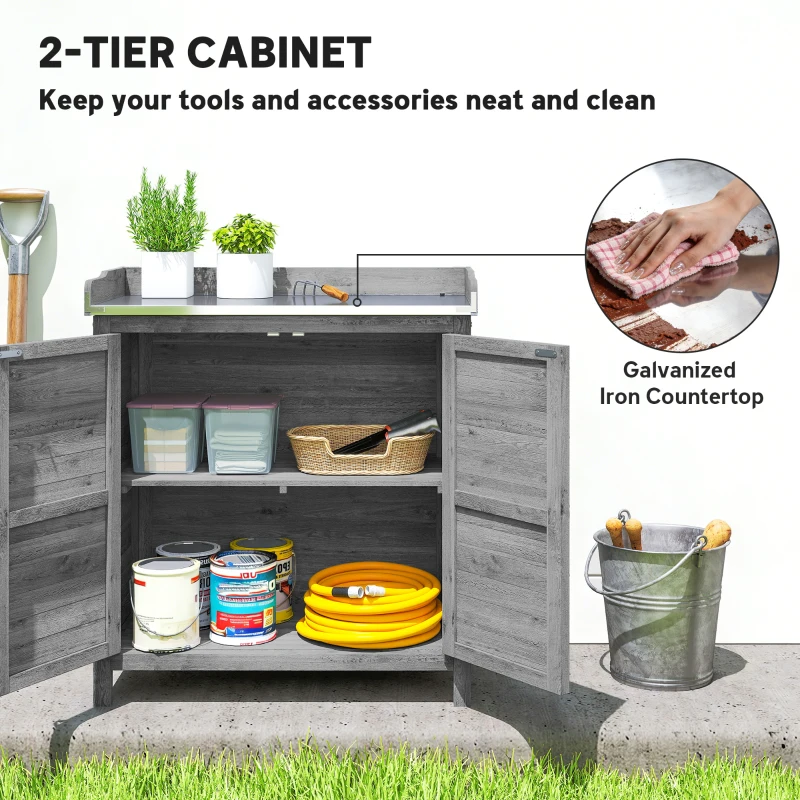 Outsunny Stół do przesadzania z szafką z drewna, ogrodowa szafka z ocynkowanym blatem, 2 półki, szary