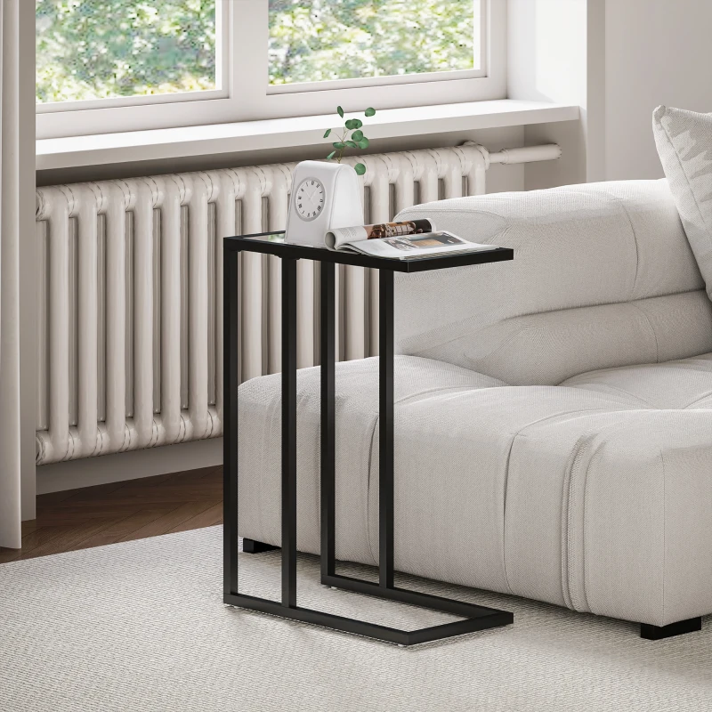 HOMCOM Table d'appoint en forme de C avec plateau en verre trempé, cadre en acier, noir