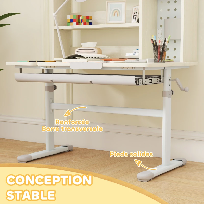 AIYAPLAY Bureau pour enfants, table d'étude réglable en hauteur avec plateau inclinable, 80 x 51 x 108,5-130,5 cm, naturel