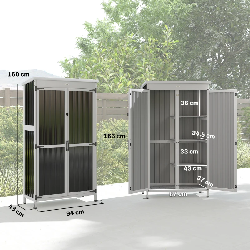 Outsunny Caseta de Jardín de Madera y Acero 94x43x166 cm Armario para Herramientas con 2 Estantes Ajuatables y 2 Puertas Negro